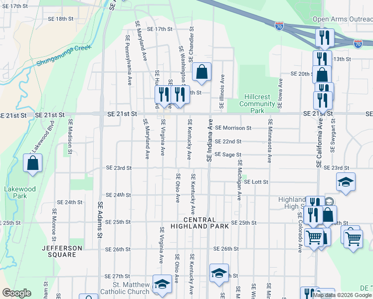 map of restaurants, bars, coffee shops, grocery stores, and more near 2233 Southeast Kentucky Avenue in Topeka