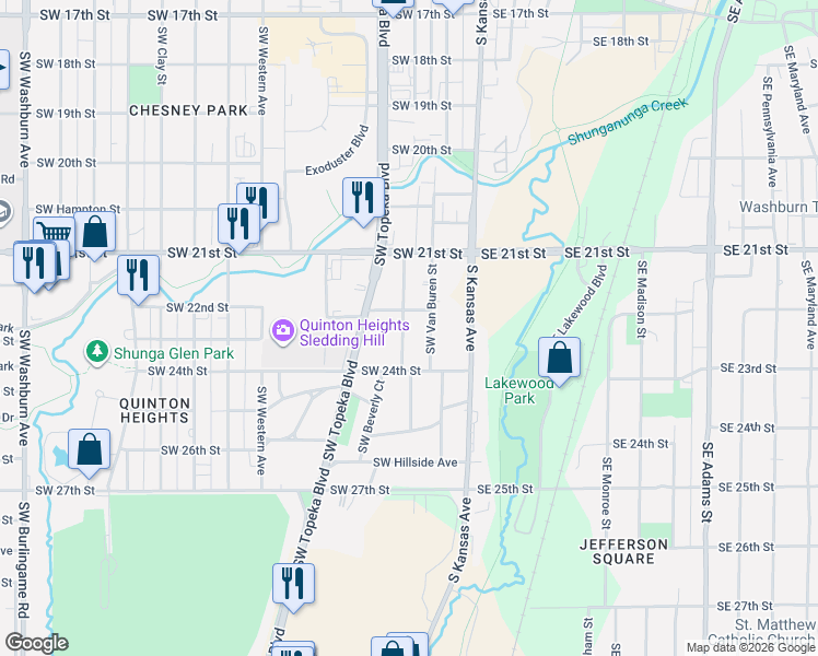 map of restaurants, bars, coffee shops, grocery stores, and more near 2322 Southwest Harrison Street in Topeka