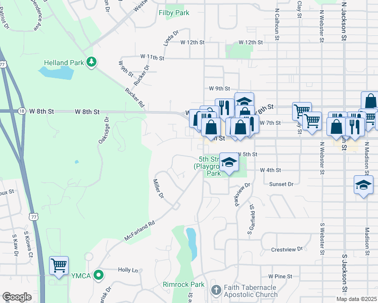 map of restaurants, bars, coffee shops, grocery stores, and more near 1101-1199 West 5th Street in Junction City
