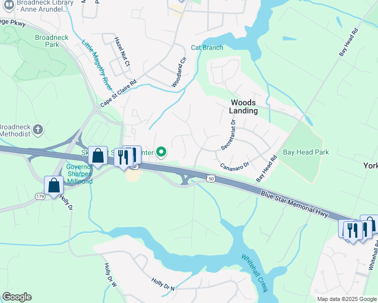map of restaurants, bars, coffee shops, grocery stores, and more near 1647 Foolish Pleasure Court in Annapolis