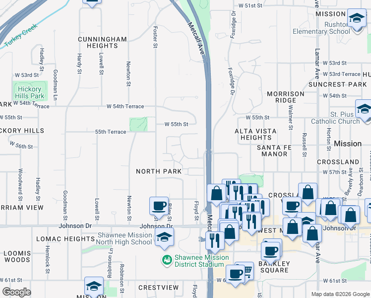 map of restaurants, bars, coffee shops, grocery stores, and more near 5603 Marty Street in Mission