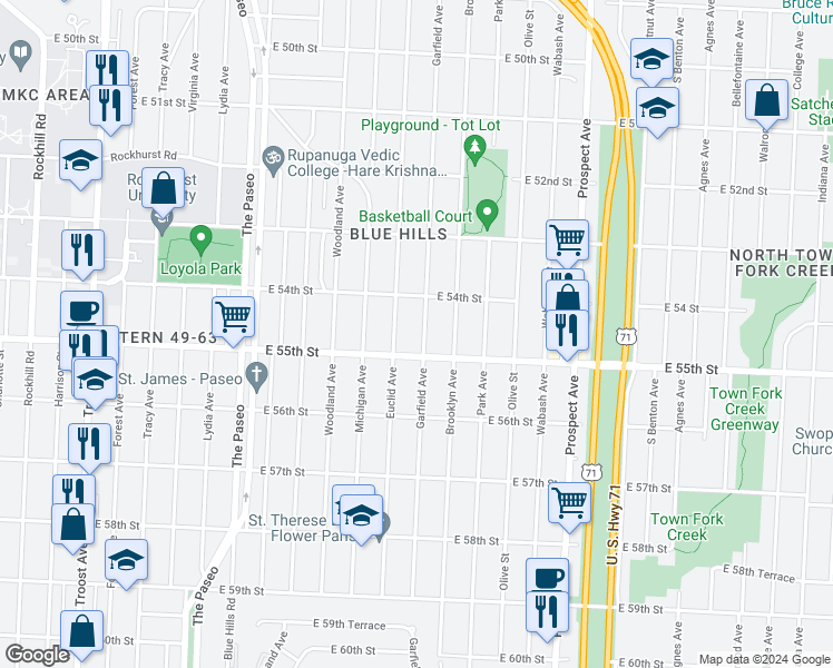 map of restaurants, bars, coffee shops, grocery stores, and more near 5426 Garfield Avenue in Kansas City