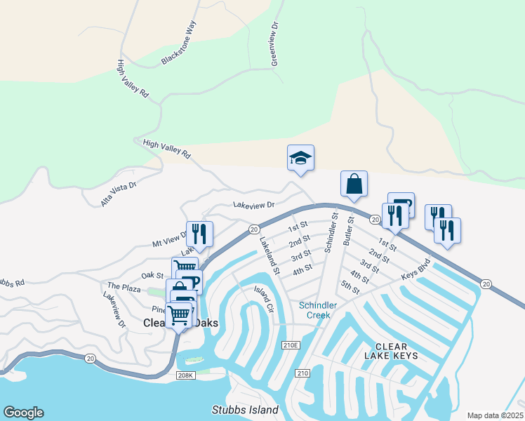 map of restaurants, bars, coffee shops, grocery stores, and more near 12831 Lakeview Drive in Clearlake Oaks