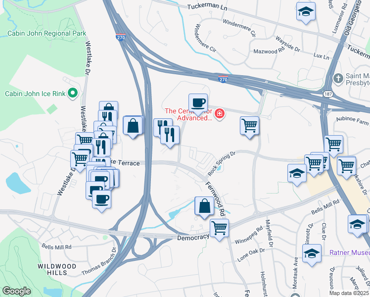map of restaurants, bars, coffee shops, grocery stores, and more near 10430 Breuer Street in Bethesda