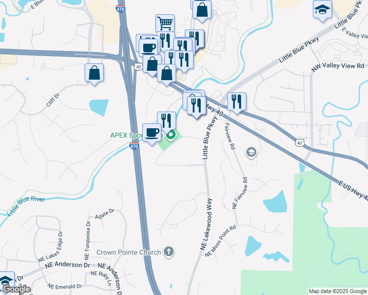 map of restaurants, bars, coffee shops, grocery stores, and more near 19301 East 50th Terrace in Independence