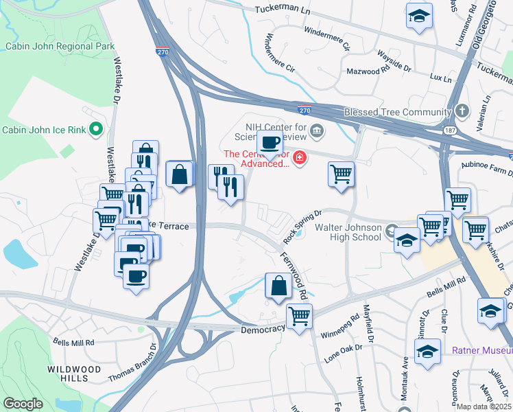 map of restaurants, bars, coffee shops, grocery stores, and more near 10420 Breuer Street in Bethesda