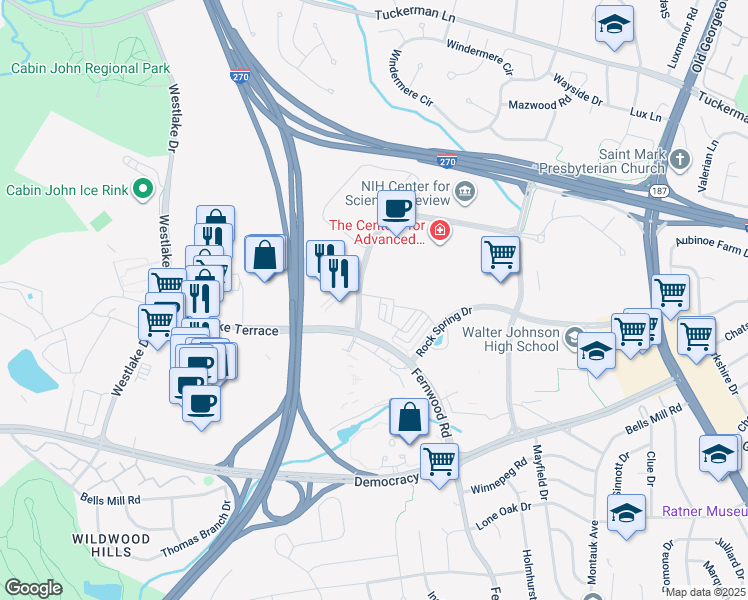 map of restaurants, bars, coffee shops, grocery stores, and more near 10424 Breuer Street in Bethesda