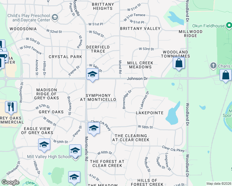 map of restaurants, bars, coffee shops, grocery stores, and more near 5534 Noble Street in Shawnee