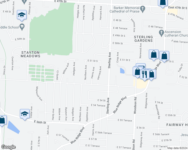 map of restaurants, bars, coffee shops, grocery stores, and more near 5209 Harris Avenue in Raytown