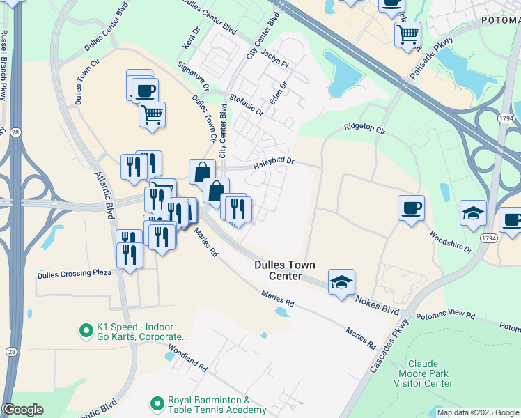 map of restaurants, bars, coffee shops, grocery stores, and more near Windmill Parc Drive in Sterling