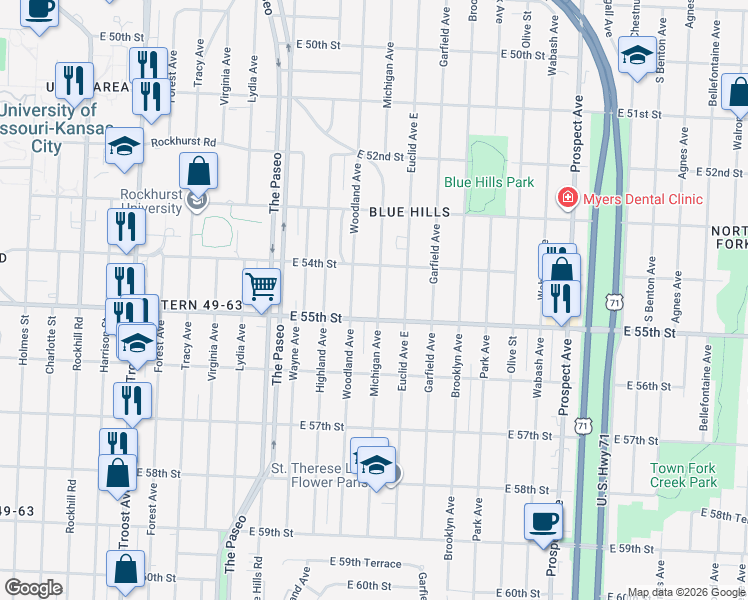 map of restaurants, bars, coffee shops, grocery stores, and more near 1906 East 55th Street in Kansas City