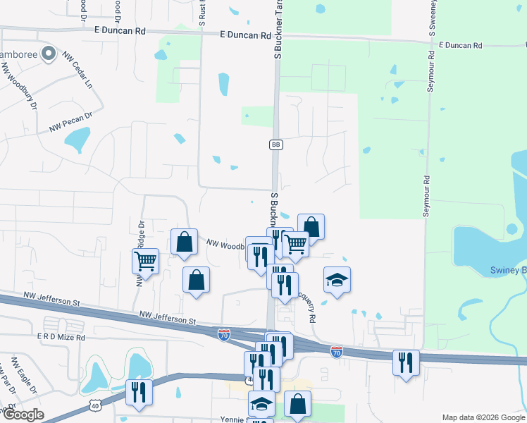 map of restaurants, bars, coffee shops, grocery stores, and more near 4726 South Buckner Tarsney Road in Grain Valley