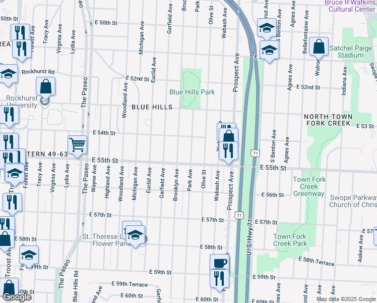 map of restaurants, bars, coffee shops, grocery stores, and more near 2300 East 55th Street in Kansas City