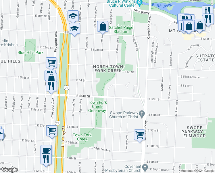 map of restaurants, bars, coffee shops, grocery stores, and more near 5424 College Avenue in Kansas City
