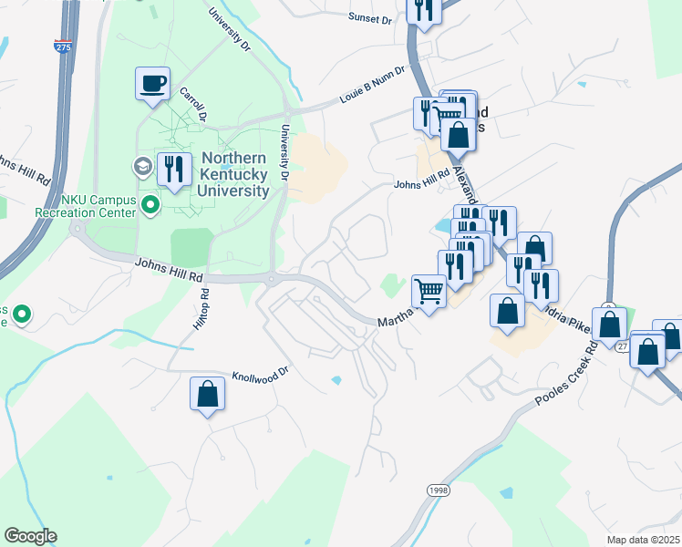 map of restaurants, bars, coffee shops, grocery stores, and more near 1100 Grey Stable Lane in Highland Heights