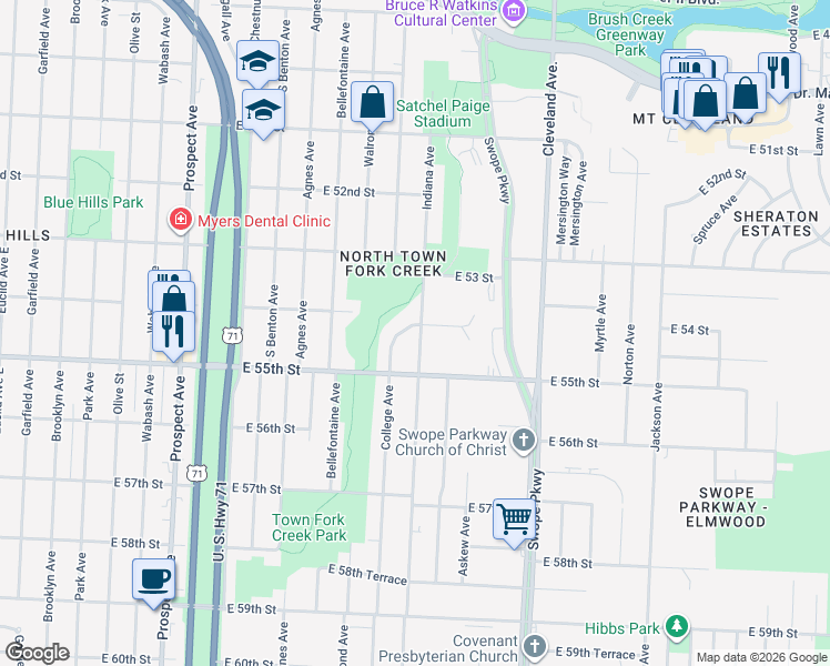 map of restaurants, bars, coffee shops, grocery stores, and more near 5423 College Avenue in Kansas City