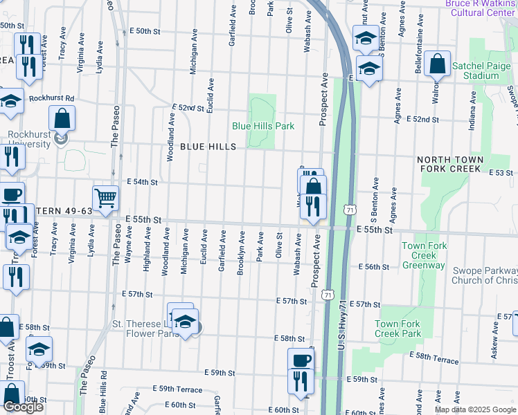 map of restaurants, bars, coffee shops, grocery stores, and more near 2300 East 55th Street in Kansas City
