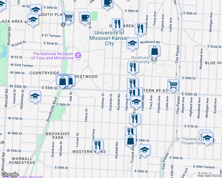 map of restaurants, bars, coffee shops, grocery stores, and more near 5509 Holmes Street in Kansas City