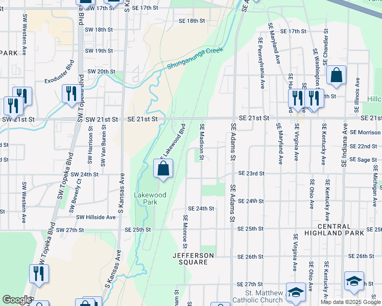 map of restaurants, bars, coffee shops, grocery stores, and more near 2225 Southeast Madison Street in Topeka