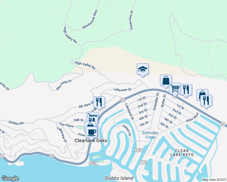 map of restaurants, bars, coffee shops, grocery stores, and more near 12739 Lakeview Drive in Clearlake Oaks