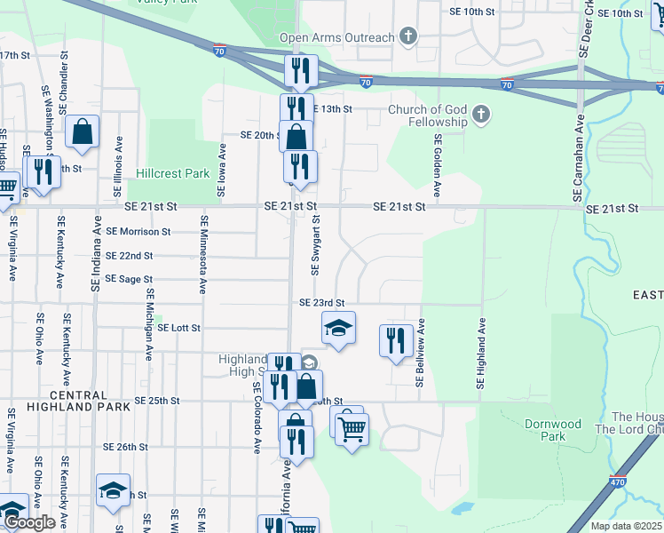 map of restaurants, bars, coffee shops, grocery stores, and more near 2216 Southeast Market Street in Topeka