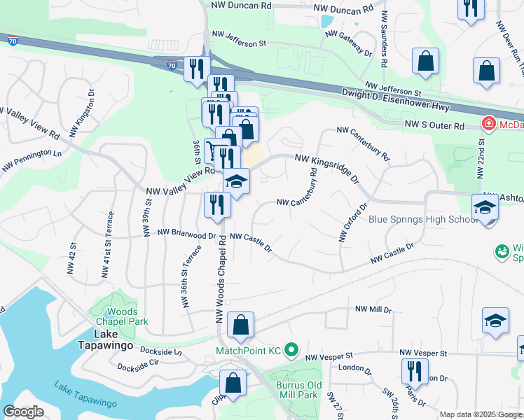 map of restaurants, bars, coffee shops, grocery stores, and more near 3213 Northwest Canterbury Place in Blue Springs