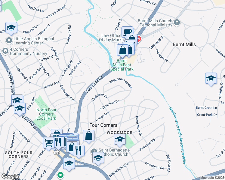 map of restaurants, bars, coffee shops, grocery stores, and more near 113 Lynnmoor Drive in Silver Spring