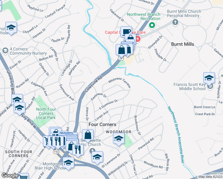 map of restaurants, bars, coffee shops, grocery stores, and more near 113 Lynnmoor Drive in Silver Spring