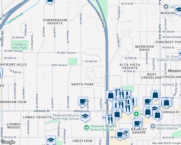 map of restaurants, bars, coffee shops, grocery stores, and more near 7309 West 55th Place in Mission