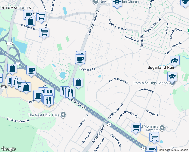 map of restaurants, bars, coffee shops, grocery stores, and more near 213 Beacon Drive in Sterling