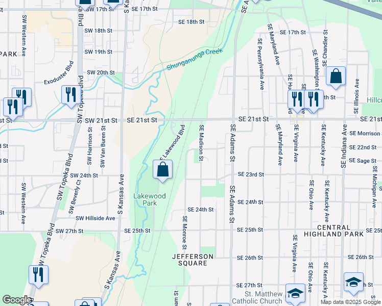 map of restaurants, bars, coffee shops, grocery stores, and more near 2225 Southeast Madison Street in Topeka