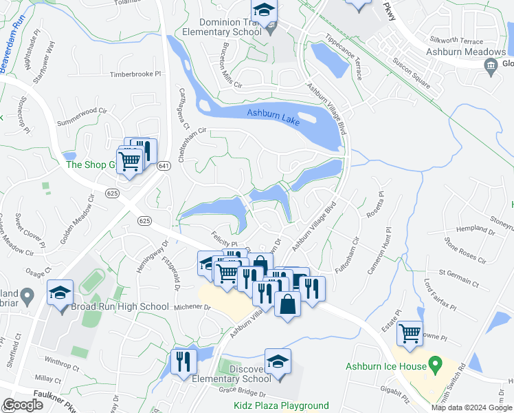 map of restaurants, bars, coffee shops, grocery stores, and more near 43984 Kings Arms Square in Ashburn