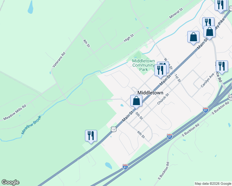 map of restaurants, bars, coffee shops, grocery stores, and more near 7995 Senseney Avenue in Middletown