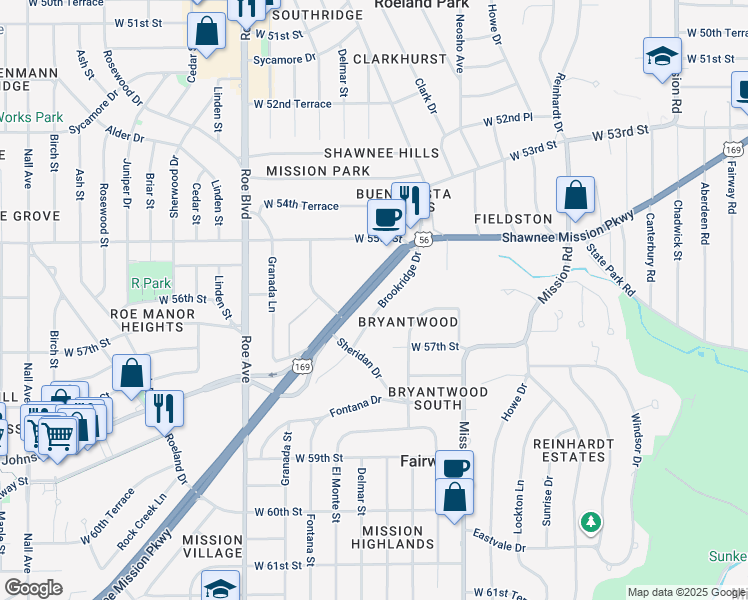 map of restaurants, bars, coffee shops, grocery stores, and more near 4121 Brookridge Drive in Fairway
