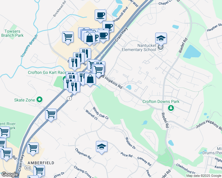 map of restaurants, bars, coffee shops, grocery stores, and more near 2504 Airy Hill Circle in Crofton
