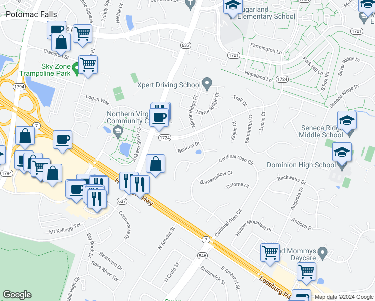 map of restaurants, bars, coffee shops, grocery stores, and more near 213 Beacon Drive in Sterling