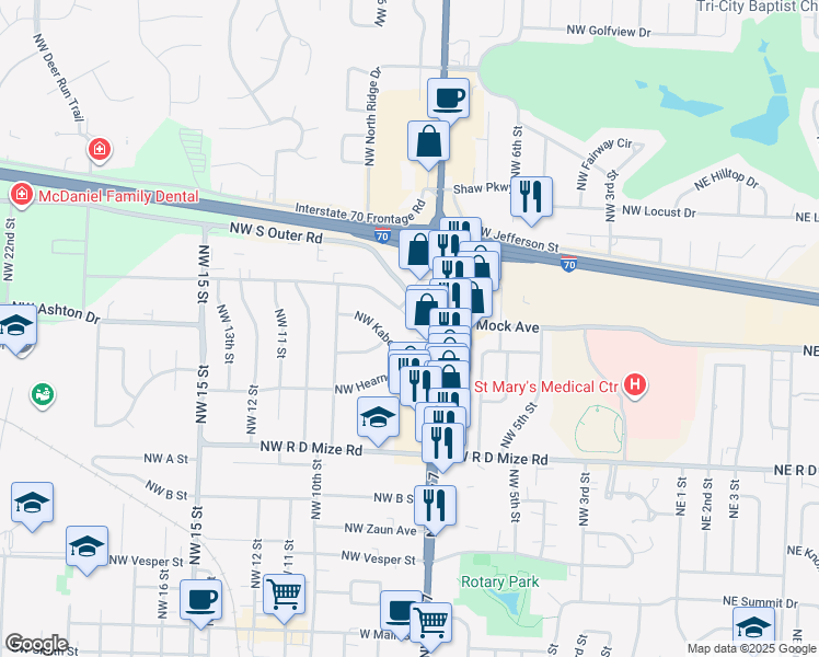 map of restaurants, bars, coffee shops, grocery stores, and more near 803 Northwest Kabel Street in Blue Springs