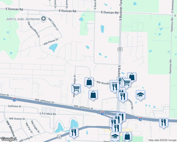 map of restaurants, bars, coffee shops, grocery stores, and more near 317 Northwest Woodbury Drive in Grain Valley