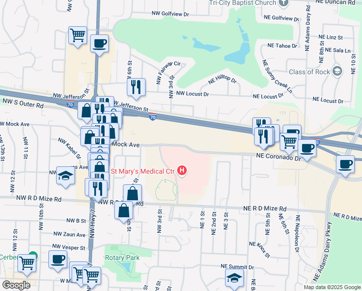 map of restaurants, bars, coffee shops, grocery stores, and more near 100 Northwest Mock Avenue in Blue Springs
