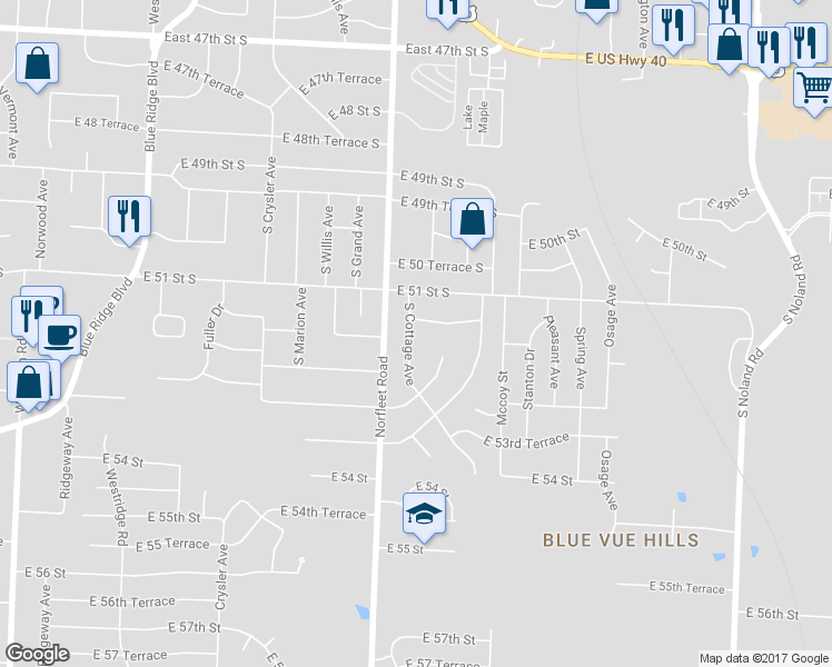 map of restaurants, bars, coffee shops, grocery stores, and more near 5208 South Union Street in Independence