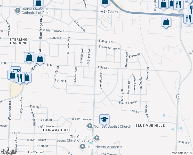 map of restaurants, bars, coffee shops, grocery stores, and more near 5205 South Norfleet Road in Independence