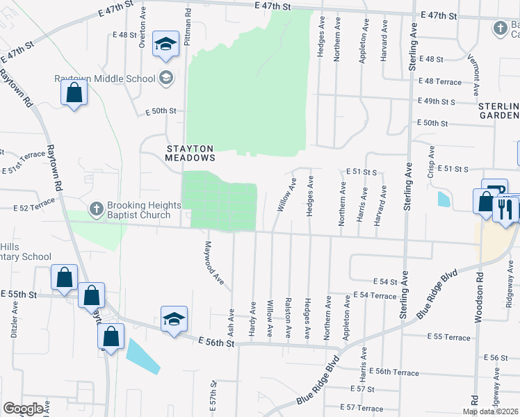 map of restaurants, bars, coffee shops, grocery stores, and more near 5244 Hardy Court in Raytown