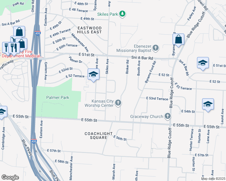 map of restaurants, bars, coffee shops, grocery stores, and more near 8205 East 53 Street in Kansas City