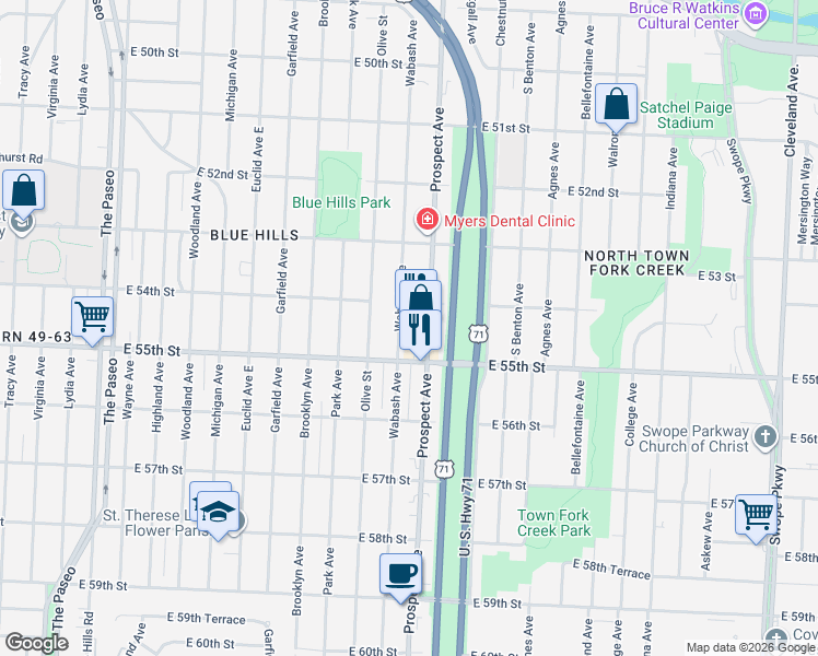 map of restaurants, bars, coffee shops, grocery stores, and more near in Kansas City