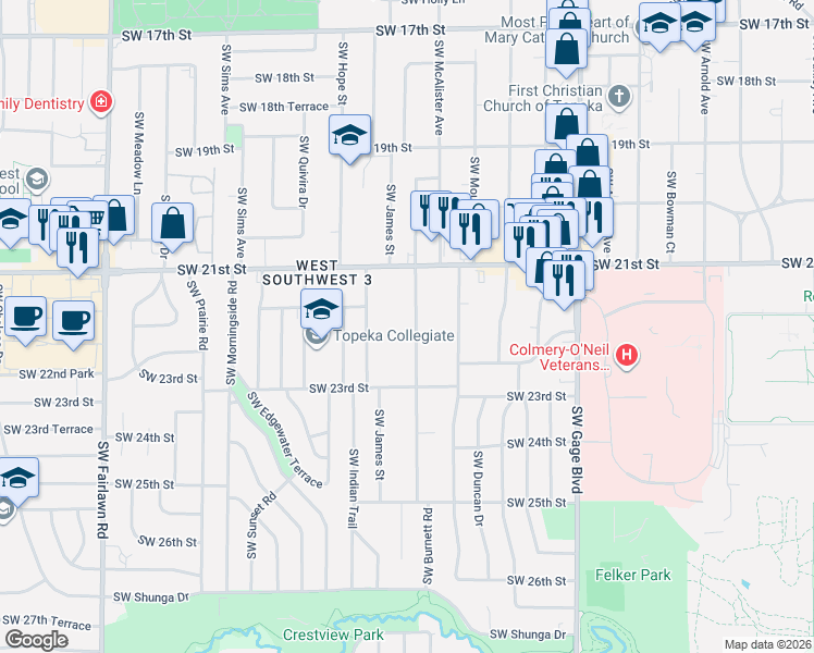 map of restaurants, bars, coffee shops, grocery stores, and more near 2205 Southwest Burnett Road in Topeka
