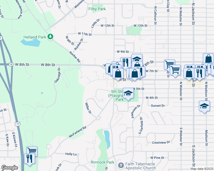 map of restaurants, bars, coffee shops, grocery stores, and more near 1101-1199 West 5th Street in Junction City