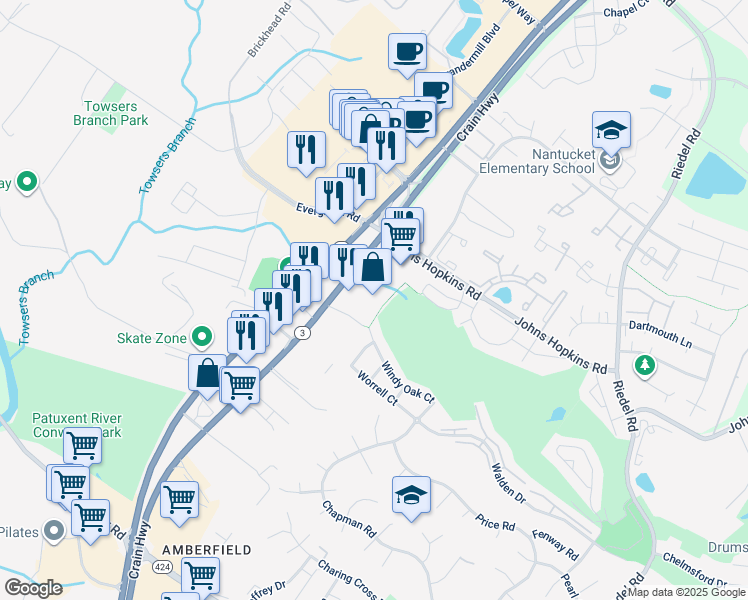 map of restaurants, bars, coffee shops, grocery stores, and more near 1041 Maryland 3 in Gambrills