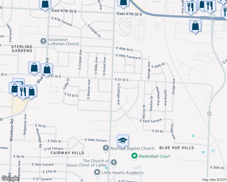 map of restaurants, bars, coffee shops, grocery stores, and more near 5205 South Norfleet Road in Independence