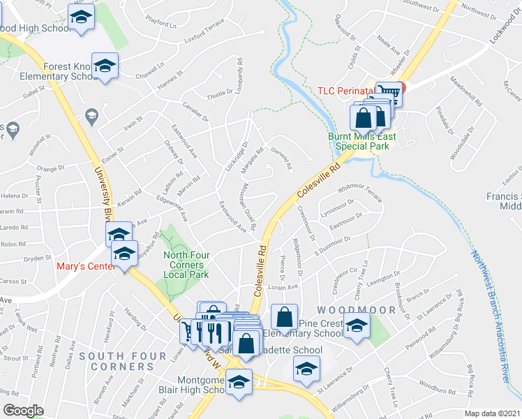 map of restaurants, bars, coffee shops, grocery stores, and more near 24 Kinsman View Circle in Silver Spring