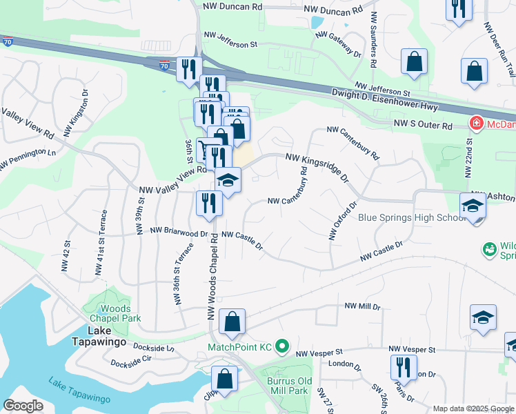 map of restaurants, bars, coffee shops, grocery stores, and more near 3213 Northwest Canterbury Place in Blue Springs